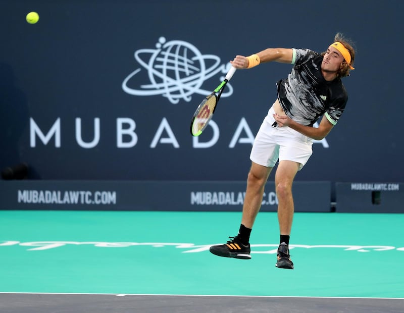 Abu Dhabi, United Arab Emirates - Reporter: Jon Turner: Stefanos Tsitsipas serves during the semi final between Novak Djokovic v Stefanos Tsitsipas at the Mubadala World Tennis Championship. Friday, December 20th, 2019. Zayed Sports City, Abu Dhabi. Chris Whiteoak / The National