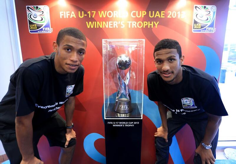 Mohammed Al Akbari, left, and UAE teammate Sultan Al Shamsi dream of lifting the Under 17 World Cup trophy. Ravindranath K / The National