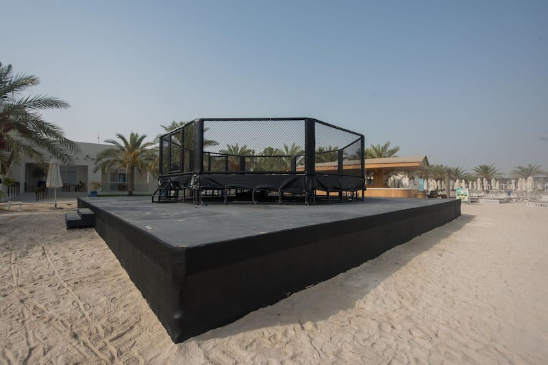 An octagon on the beach on Yas Island as work continues for UFC Fight Island. Credit: DCT-Abu Dhabi