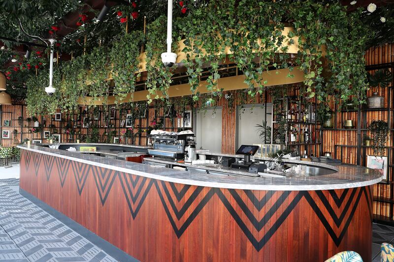 The decor features faux foliage and colourful furniture, as well as earthen tones