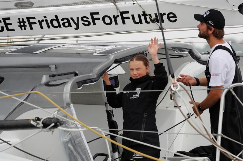 Swedish 16-year-old activist Greta Thunberg sails underneath the Verrazano-Narrows Bridge on the Malizia II racing yacht in New York Harbor as she nears the completion of her trans-Atlantic crossing in order to attend a United Nations summit on climate change in New York, U.S., August 28, 2019. REUTERS/Mike Segar
