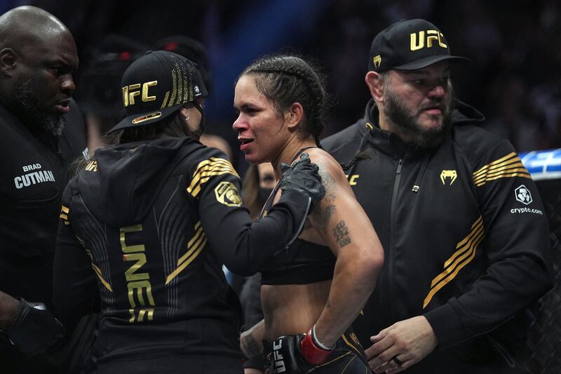 Amanda Nunes reacts following her loss by submission against Julianna Pena. Reuters