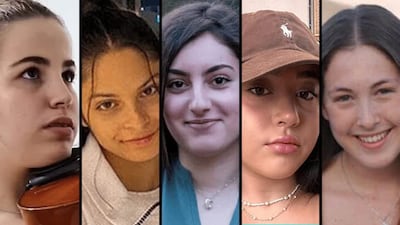 From left, Agam Berger, Daniela Gilboa, Karina Ariev, Liri Albag and Naama Levy were all taken hostage on October 7. Photo: X