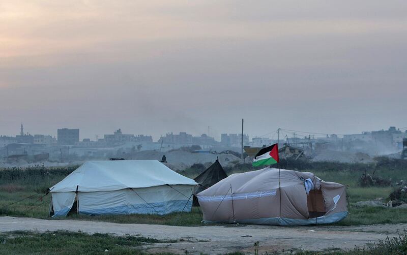 Palestinians are setting up tents in preparation for mass demonstrations along the Gaza strip border with Israel, in eastern Gaza City, Tuesday, March 27, 2018. Gazaâ€™s embattled Hamas rulers are imploring hundreds of thousands of people to march along the border with Israel in the coming weeks -- a high risk gambit meant to shore up their shaky rule, but with potentially deadly consequences. (AP Photo/Adel Hana)