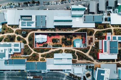 The aerial View of the Gehry deisgned MPK 21 building shows the extensive roof garden. Photo: Supplied 