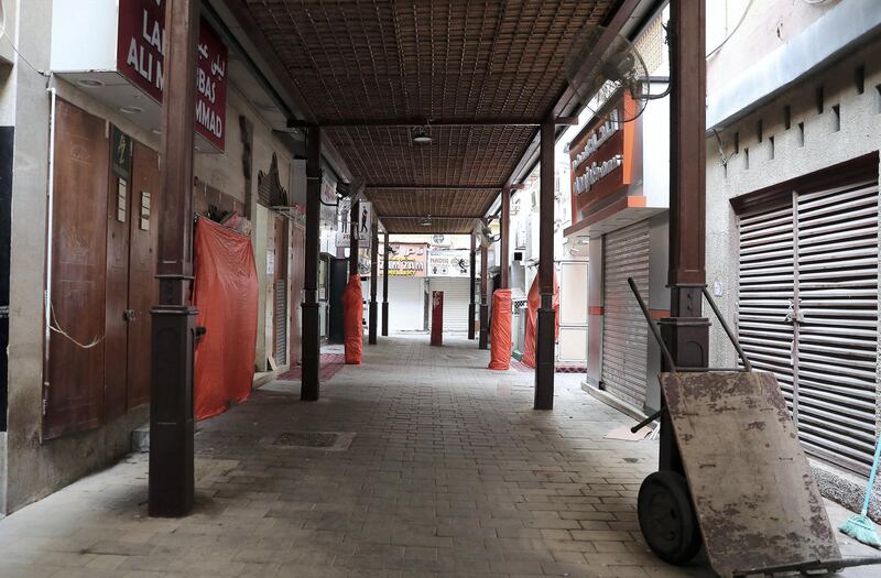 DUBAI, UNITED ARAB EMIRATES , March 24 – 2020 :- View of the closed shops in Deira as people are staying home as a preventive measure against coronavirus in Deira Dubai. (Pawan Singh / The National) For News/Online/Standalone.