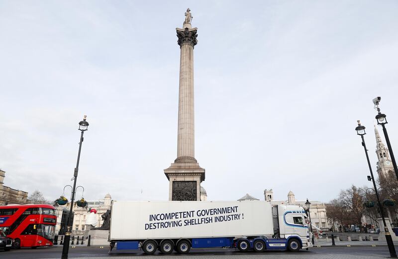 A shellfish export lorry drives around Trafalgar Square. AP Photo