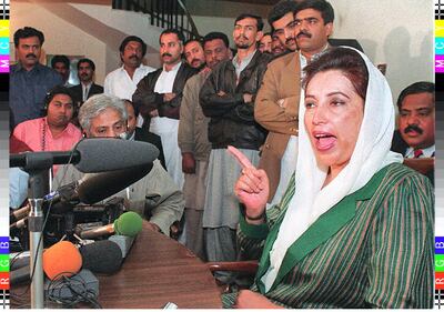 Sacked Prime Minister of Pakistan Benazir Bhutto addresses a press conference at her residence after the court verdict rejecting her petition against her dismissal, 29 January. Bhutto said she was not desperate and that the verdict was not unexpected. Bhutto's government was dismissed by the President Farooq Leghari on 05 November last year.  / AFP PHOTO / SAEED KHAN