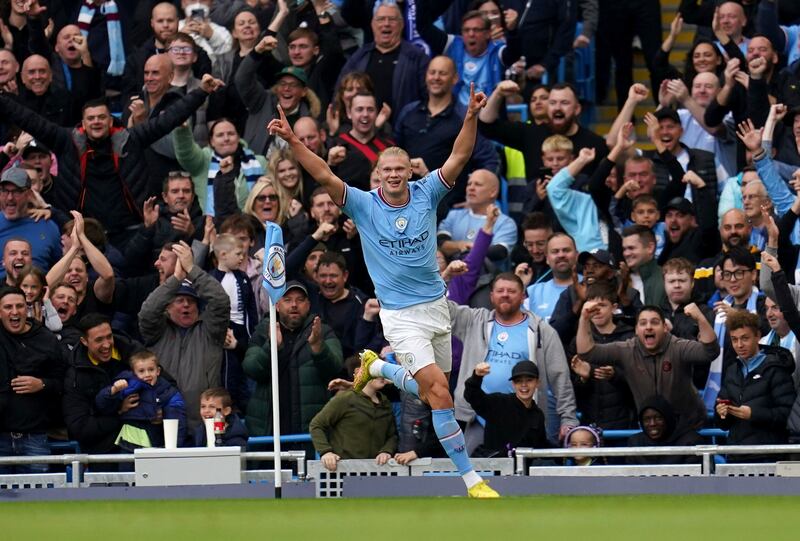 21) Haaland celebrates after scoring City's opening goal in the 3-1 Premier League win against Brighton at Etihad Stadium on October 22, 2022.  PA