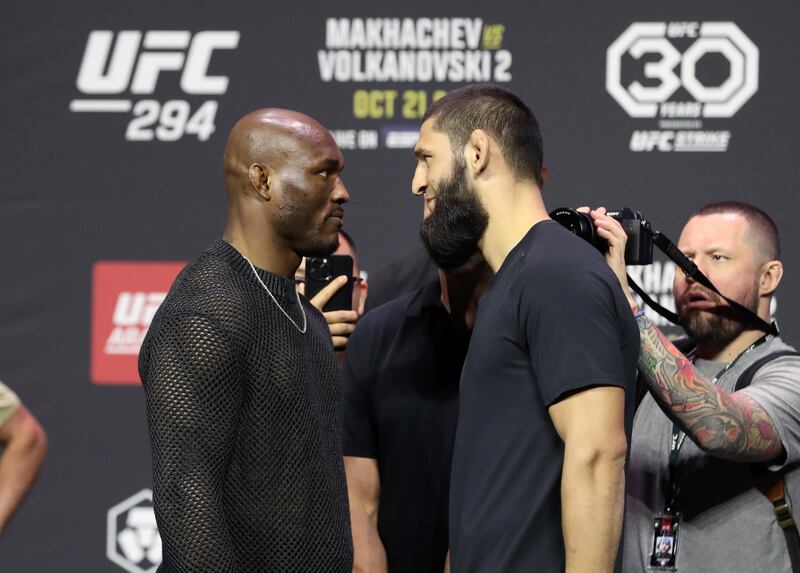 Khamzat Chimaev and Kamaru Usman face-off before their midleweight fight at UFC 294.