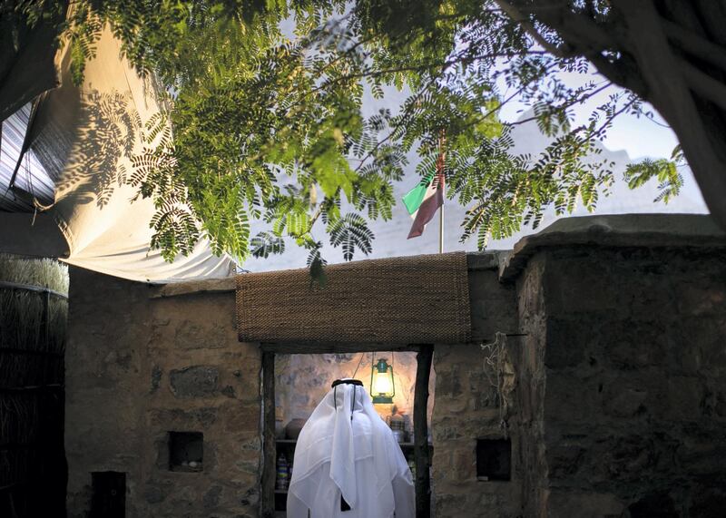 RAS AL KHAIMAH, UNITED ARAB EMIRATES. 23 NOVEMBER 2020. 
In the valley of the village of Shaam, Saeed Al-Dhahouri is keen to educate the rising generation about UAE’s heritage; and for that he has set up Muhammad Bin Rashid Heritage Village in Wadi Shaam.

The village includes many old traditional UAE tools that the people of the mountain used in the past, and showcases customs, traditions and practices inherited from older generations.

Al-Dhahouri has devoted his efforts to transforming his farm into a heritage village since 1995.

(Photo: Reem Mohammed/The National)

Reporter: ANNA ZACHARIAS
Section: NA NATIONAL DAY