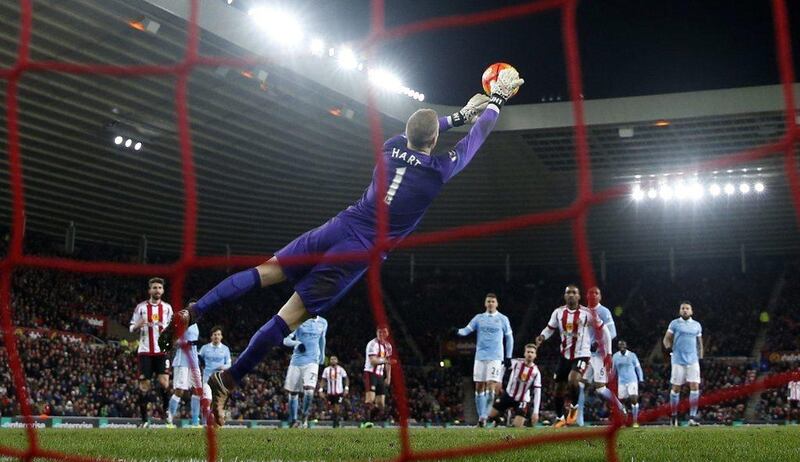 Manchester City keeper Joe Hart makes a save against Sunderland in the Premier League on Tuesday night. Lee Smith / Action Images / Reuters