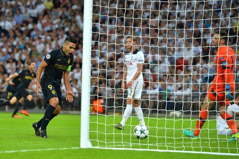 Monaco forward Radamel Falcao celebrates his team’s second goal during the match against Tottenham. Monaco won the match 2-1. Glyn Kirk / AFP