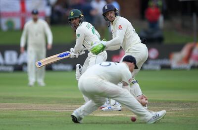 PORT ELIZABETH, SOUTH AFRICA - JANUARY 18: South Africa batsman Quinton de Kock is dropped at slip by Ben Stokes as wicketkeeper Jos Buttler looks on during Day Three of the Third Test between England and South Africa on January 18, 2020 in Port Elizabeth, South Africa. (Photo by Stu Forster/Getty Images)