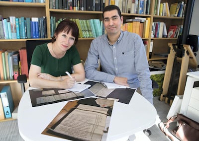 CAMBRIDGE,UNITED KINGDOM. 17th September 2018. Director of Research Miriam Wagner and Research Fellow Mohamed Ahmed at the Woolf Institute in Cambridge, UK, with copies of the arabic letters they have been studying.  Stephen Lock for the National . Words:James Langton. 