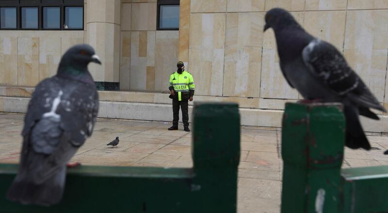 Birds perch on a gate where a police officer stands guard outside the Justice Palace court, during a government order for residents to stay home to help contain the spread of the new coronavirus, in Bogota, Colombia. AP Photo