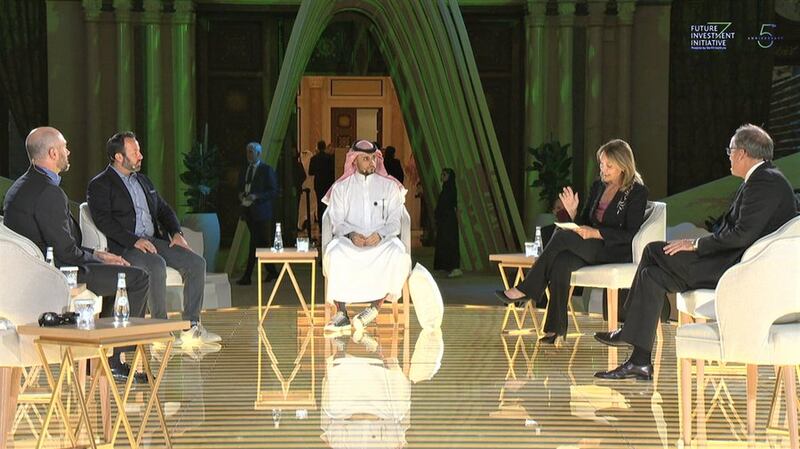 Prince Khaled bin Alwaleed with Sky Kurtz, Sara Menker, Philippe Rombaut  and David Rosenberg at the Future Investment Initiative in Riyadh on Wednesday