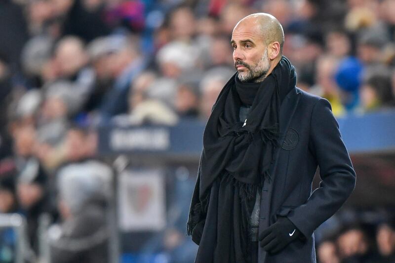 epa06522365 Manchester City's head coach Pep Guardiola reacts during during the UEFA Champions League round of 16 first leg soccer match between FC Basel and Manchester City in the St. Jakob-Park stadium in Basel, Switzerland, 13 February 2018.  EPA/WALTER BIERI