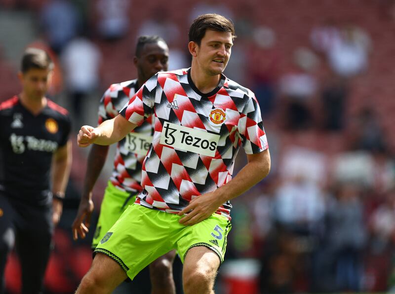 Manchester United's Harry Maguire during warm ups on Saturday. Reuters