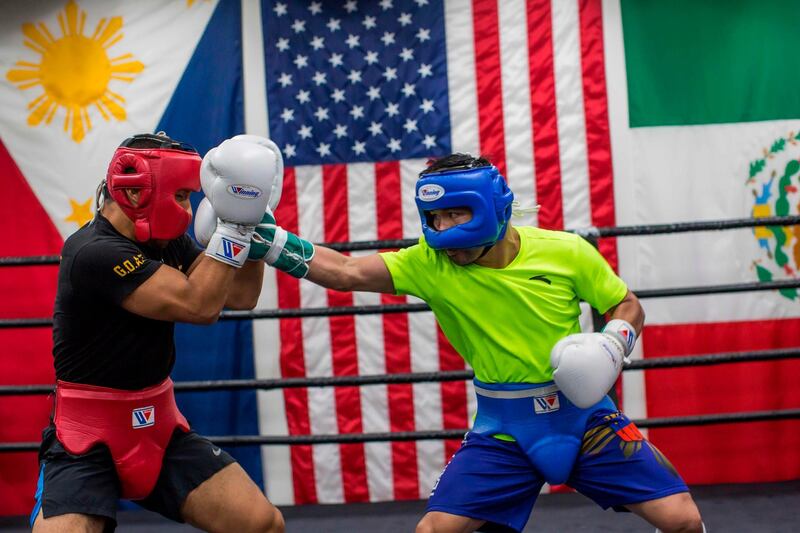 Manny Pacquiao takes part in a sparring session at Wild Card Boxing in Los Angeles. AFP
