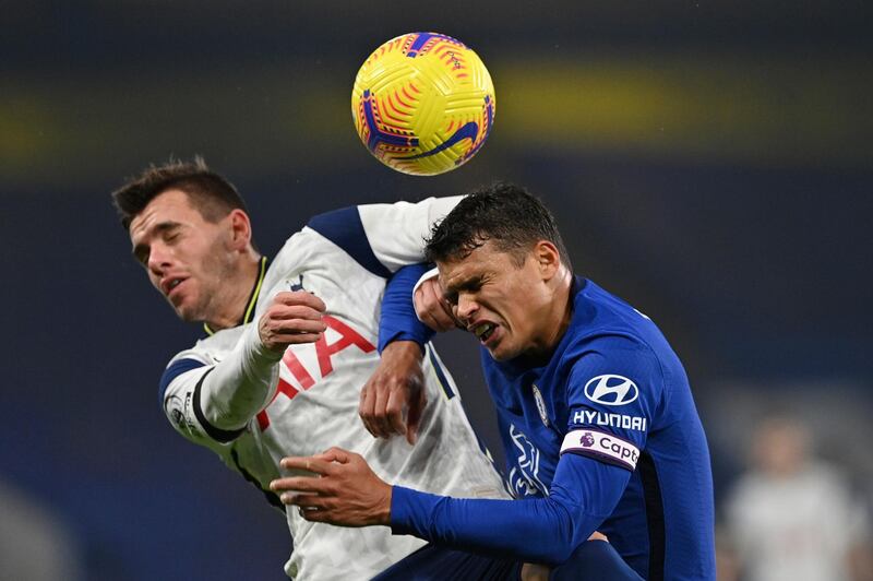 Chelsea's Thiago Silva jumps for the ball with Giovani Lo Celso of Spurs. AP