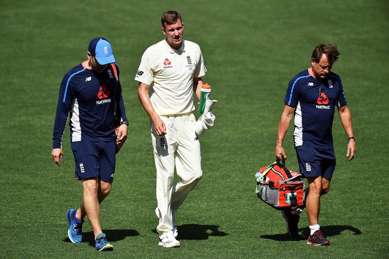 ADELAIDE, AUSTRALIA - NOVEMBER 09:  Jake Ball of England walks from the field after falling and injuring himself whilst bowling during day two of the Four Day Tour match between the Cricket Australia XI and England at Adelaide Oval on November 9, 2017 in Adelaide, Australia.  (Photo by Daniel Kalisz/Getty Images)