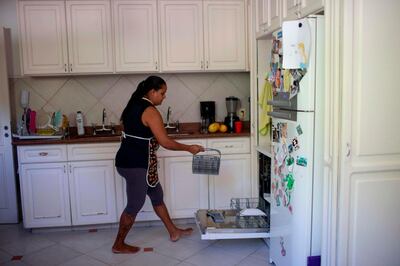 Domestic worker Fabiana Barbosa de Souza, 36, loads the dishwasher at the house where she works twice a week at Laranjeiras neighborhood, southern Rio de Janeiro,  Brazil on January 11, 2019.  The working conditions of domestics in Latin America, to whom director Alfonso Cuaron pays homage in his recent movie 'Roma', is slowly reaching a legal framework. Whilst several countries in the region have established laws for the sector in the last decade, other simultaneous realities such as economic crises and migration, are hampering those conquests and ambitions of formality. / AFP / Mauro Pimentel
