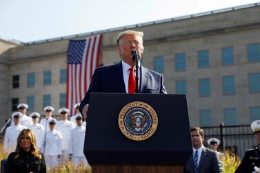 Donald Trump speaks at the Pentagon during a ceremony to mark the 18th anniversary of September 11 attacks. Reuters