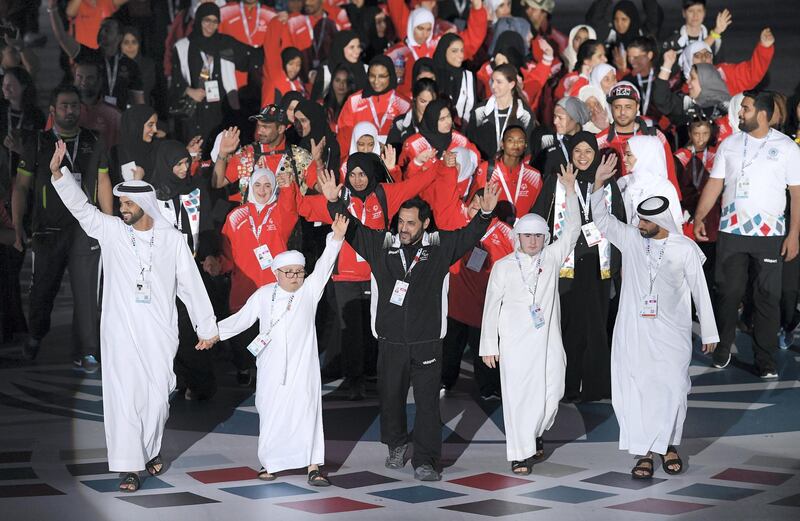 Team United Arab Emirtates at the Open ceremony 2018 Special Olympics Middle East North Africa (MENA) Regional Games in Abu Dhabi. 1,800 athletes with intellectual disabilities are competing in 16 sports, Abu Dhabi, United Arab Emirates on March 17, 2018. 
Photo by Markus Ulmer for Limex Images / MENA GAMES