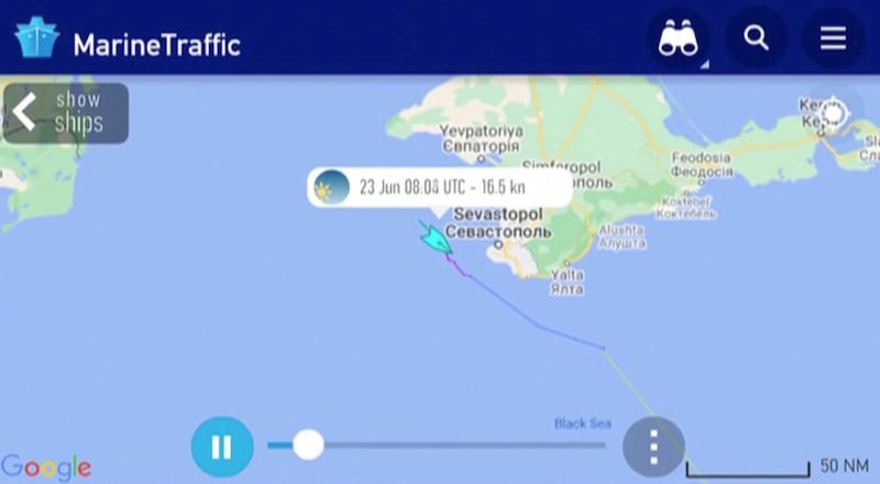 A still image taken from an animated graphic shows the direction of the British Royal Navy's Type 45 destroyer HMS Defender off the Crimean peninsula coast in the Black Sea, June 23, 2021. Marinetraffic/Handout via REUTERS ATTENTION EDITORS - THIS IMAGE WAS PROVIDED BY A THIRD PARTY. NO RESALES. NO ARCHIVES. MANDATORY CREDIT