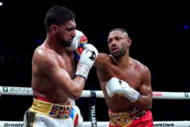 Kell Brook (right) in action against Amir Khan during their Welterweight Contest fight at the AO Arena, Manchester. Picture date: Saturday February 19, 2022.