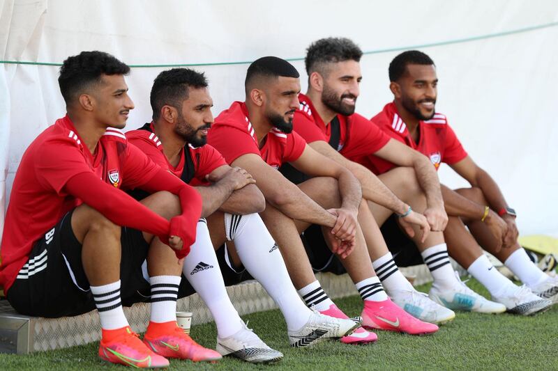 Dubai, United Arab Emirates - Reporter: John McAuley. Sport. Football. UAE players (L-R) Abdullah Ramadan, Salem Rashid, Shaheen Abdulrahman, Yahia Nader and Tahnoun Al Zaabi during a training session at Zabeel Stadium, Dubai. Saturday, March 27th, 2021. Dubai. Chris Whiteoak / The National