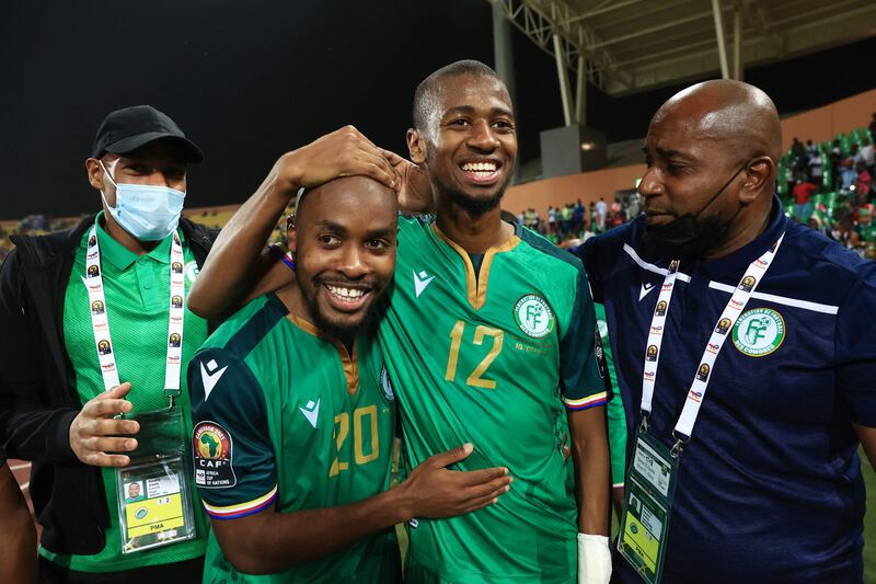 Comoros forward Ahmed Mogni and defender Kassim M'Dahoma celebrate. AFP