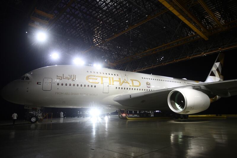Etihad Airways' first Airbus A380 with the Facets of Dhabi livery.  Lee Hoagland / The National