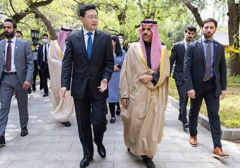 Prince Faisal with Mr Qin. Photo: Ministry of Foreign Affairs of the Kingdom of Saudi Arabia / Twitter