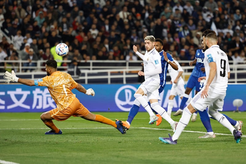 Federico Valverde shoots to score Real Madrid's fourth goal. AFP