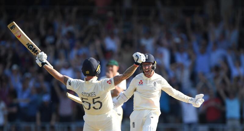 Ben Stokes and Jack Leach celebrate. Getty Images