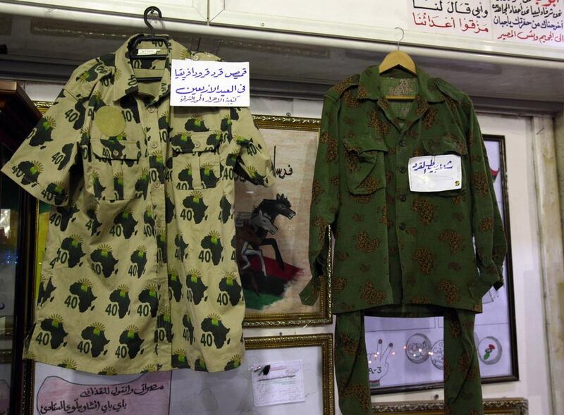 Two shirts once belonging to Muammar Qaddafi are on display in Misurata’s War Museum. AFP Photo/Mahmud Turkia