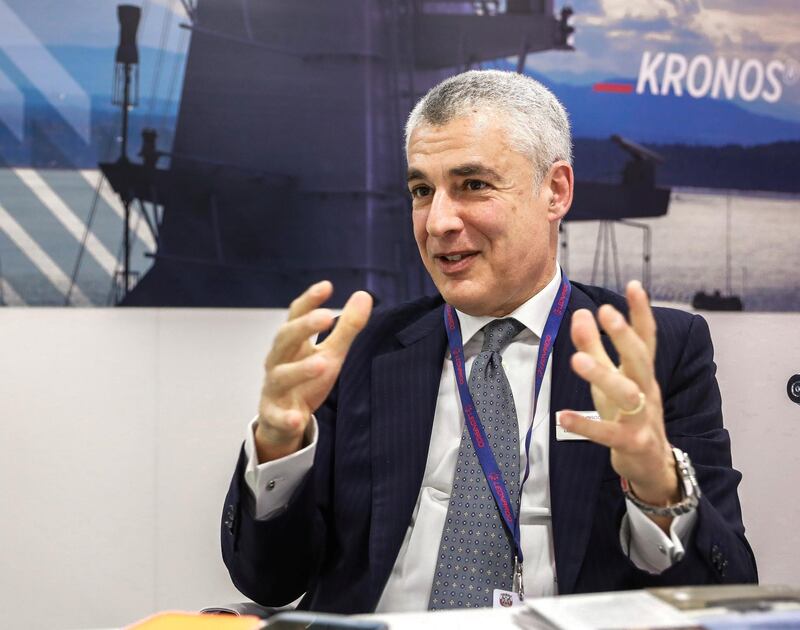 Abu Dhabi, U.A.E., February 17, 2019. INTERNATIONAL DEFENCE EXHIBITION AND CONFERENCE  2019 (IDEX) Day 1-- LEONARDO.  Interview of Lorenzo Mariani, Chief Commercial Officer, Leonardo.
Victor Besa/The National
Section:  NA
Reporter:  Dania Saadi