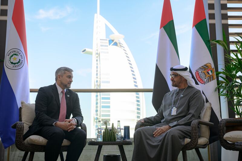 President Sheikh Mohamed meets Mario Abdo Benitez, President of Paraguay, at the 2023 World Government Summit in Dubai on February 13. All photos: Presidential Court