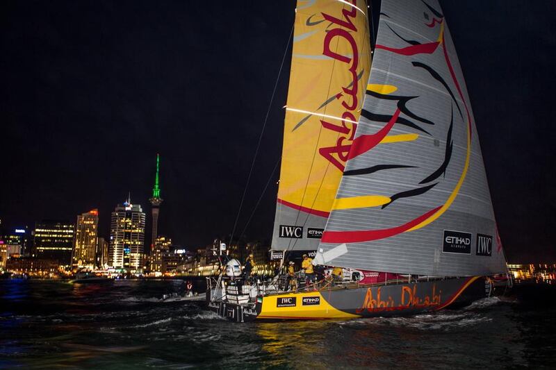 Abu Dhabi Ocean Racing's Azzam shown as it arrived in Auckland at the end of Leg 4 on February 28. Photo Courtesy / Volvo Ocean Race