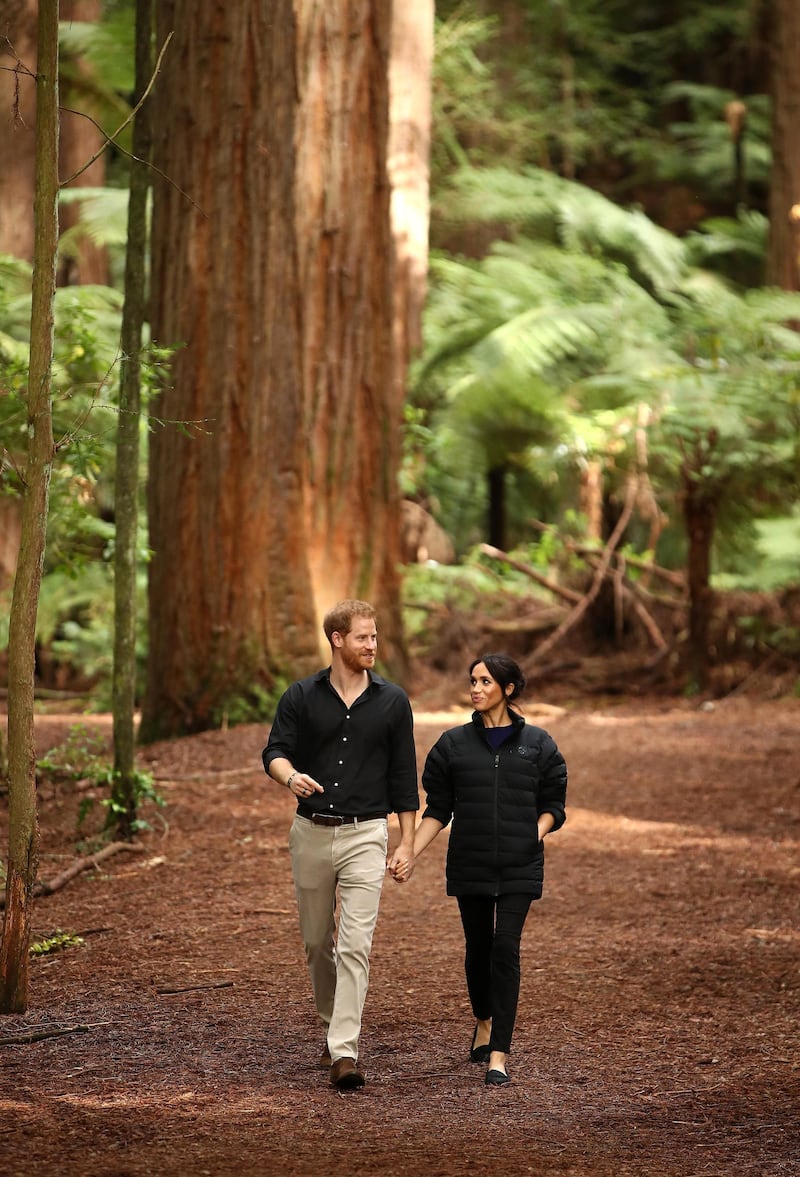 Britain's Prince Harry and his wife Meghan, Duchess of Sussex visit Redwoods Tree Walk in Rotorua on October 31, 2018. - The Duke and Duchess of Sussex are on a three-week tour of Australia, New Zealand, Tonga, and Fiji. (Photo by PHIL WALTER / POOL / AFP)