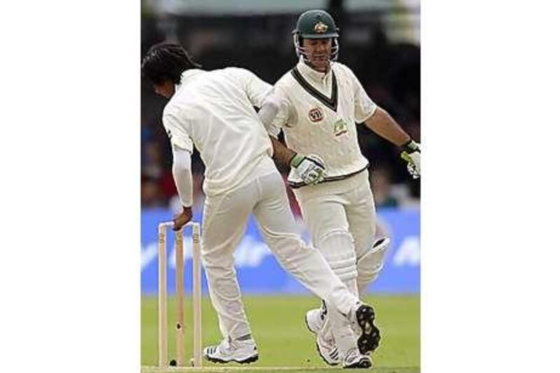 Ponting also elbowed Aamer on his way out and then cried foul to the umpire after it resulted in a verbal exchange.