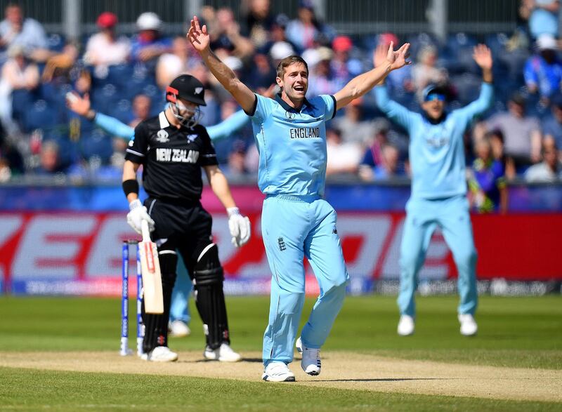 CHESTER-LE-STREET, ENGLAND - JULY 03:  Chris Woakes of England appeals succesfully for the wicket of Henry Nicholls of New Zealand during the Group Stage match of the ICC Cricket World Cup 2019 between England and New Zealand at Emirates Riverside on July 03, 2019 in Chester-le-Street, England. (Photo by Clive Mason/Getty Images)