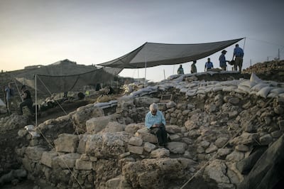 Members of the Associates for Biblical Research, at their excevaiton sight, during the early hours of the morning, near Shilo, West Bank.