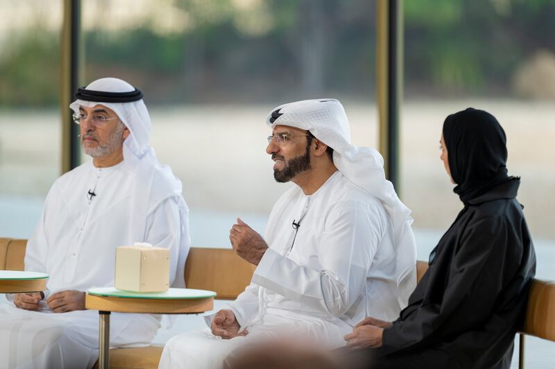 From left, Dr Hamdan Al Mazrouei, chairman of the board of the Emirates Red Crescent Authority, Ali Al Mutawa, secretary general of the Awqaf and Minors Affairs Foundation and Hessa Tahlak, assistant undersecretary for the social development sector at the Ministry of Community Development at Majlis Mohamed bin Zayed.  