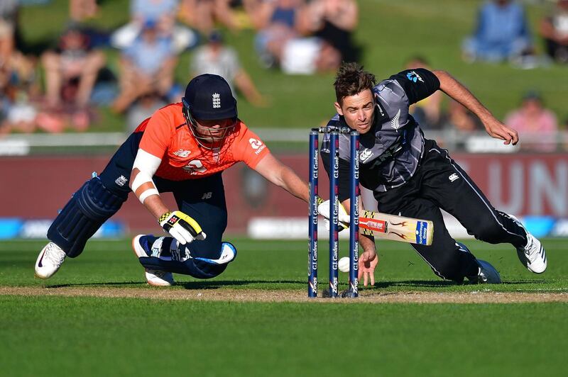 New Zealand's Tim Southee tries to run out England batsman Jonny Bairstow. AFP