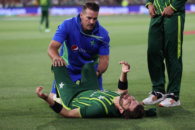 Shaheen Afridi of Pakistan receives treatment for an injury. Getty