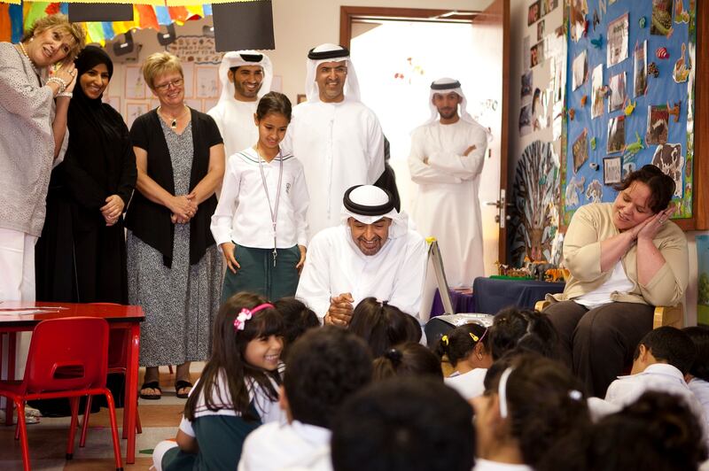 Mohamed bin Zayed in a classroom speaking to the pupils. Photo: @MohamedBinZayed
