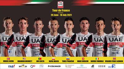 The UAE Team Emirates lineup for the 2021 Tour de France. Courtesy UAE Team Emirates